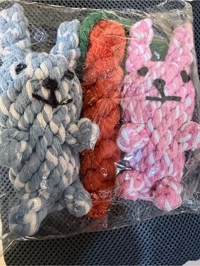 Set of Three Knitted Rope Bunny & Carrot Toys - For Dogs 🐕 Blue, Pink, Orange